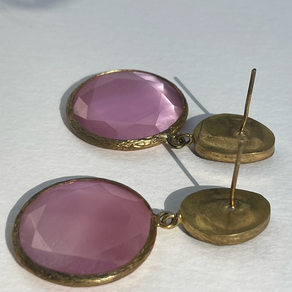 Pink and green stone Gold Drop dangle Earrings artisan vintage - Picture 10 of 11